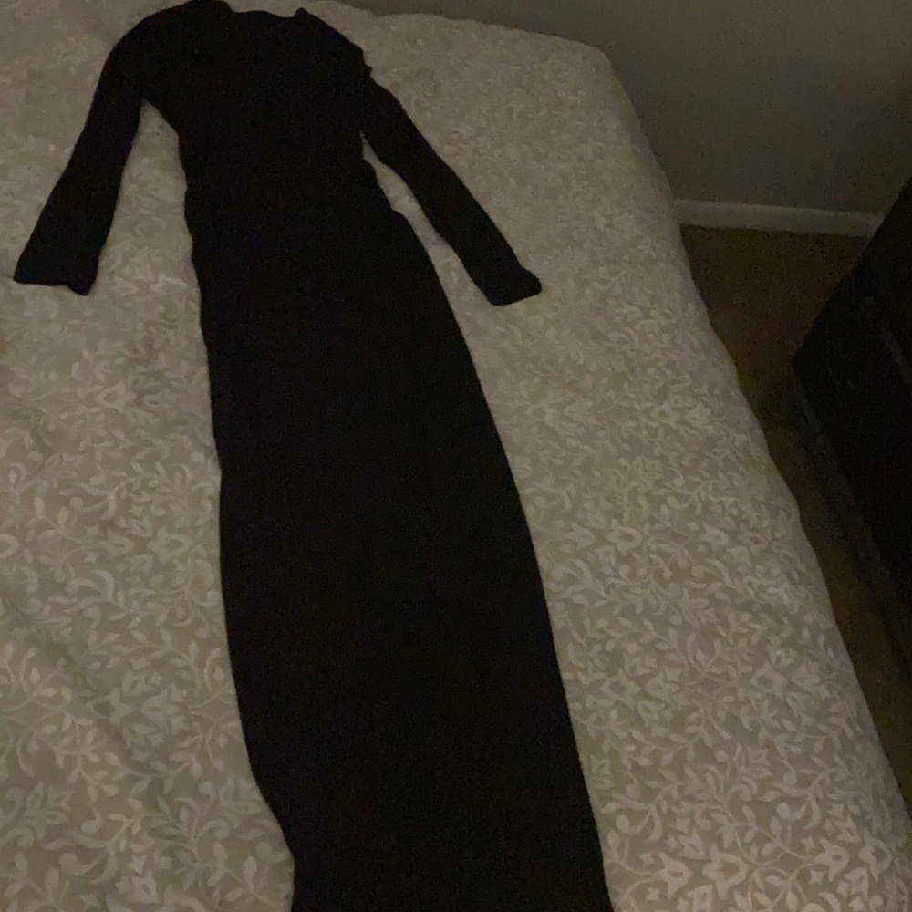 Plain Ruched Long Sleeve Slit Maxi Dress